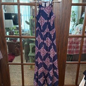 French Grey Navy and Pink Patterned Maxi Dress Size XL